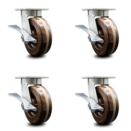 Service Caster 6 Inch Kingpinless High Temp Phenolic Wheel Swivel Caster Set with Brakes SCC SCC-KP30S620-PHRHT-SLB-4